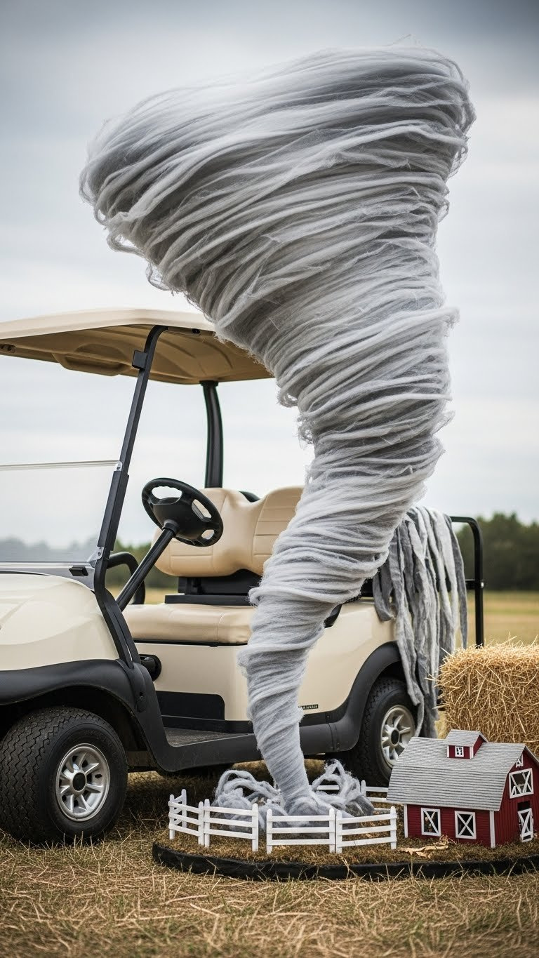 Front-Side View Of Golf Cart With Dynamic Whirling Tornado Prop Emerging In Vast Open Field Setting