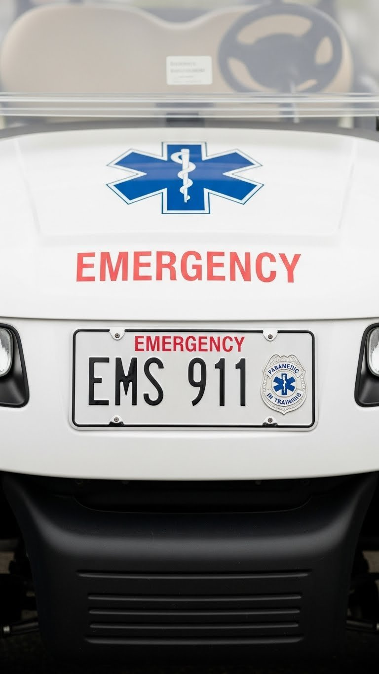 Front View Of Ambulance Golf Cart With Custom Ems 911 License Plate And Paramedic Badge