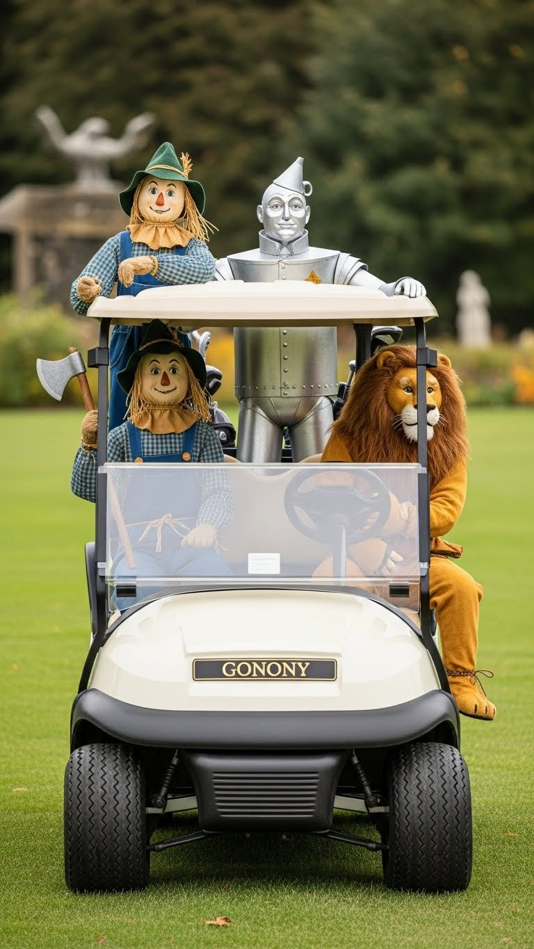 Front View Of Golf Cart With Scarecrow, Tin Man, And Cowardly Lion Character Props In Whimsical Garden Environment