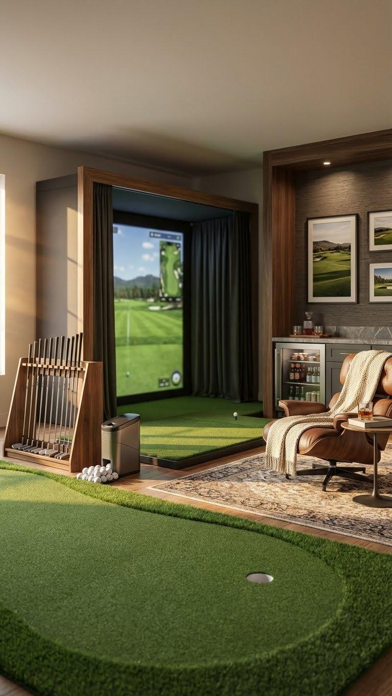 Fully Accessorized Luxury Golf Simulator Bonus Room With Turf, Lounge Seating, Ball Dispenser, And Mini-Fridge.