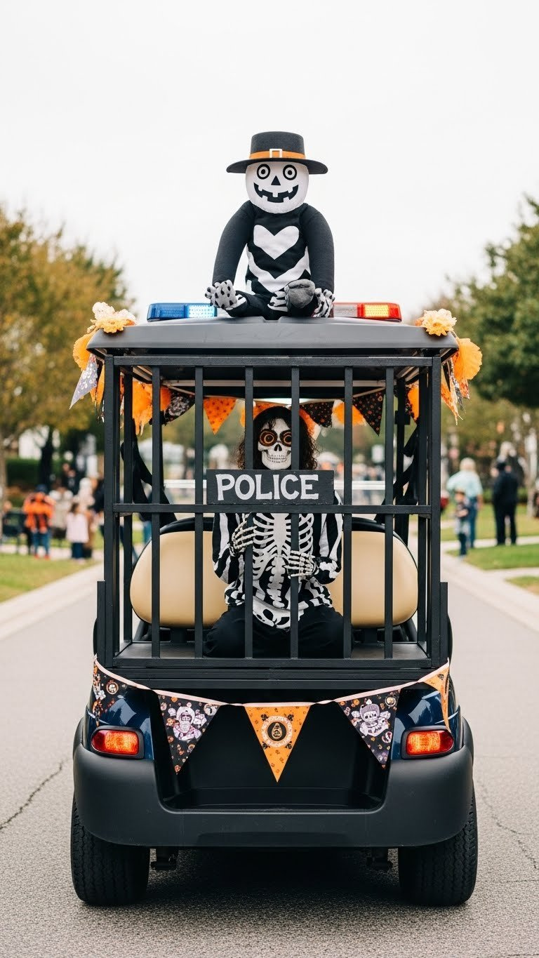 Fully Decorated Police Golf Cart With Seasonal Halloween Or Patriotic Theme At Community Parade Event