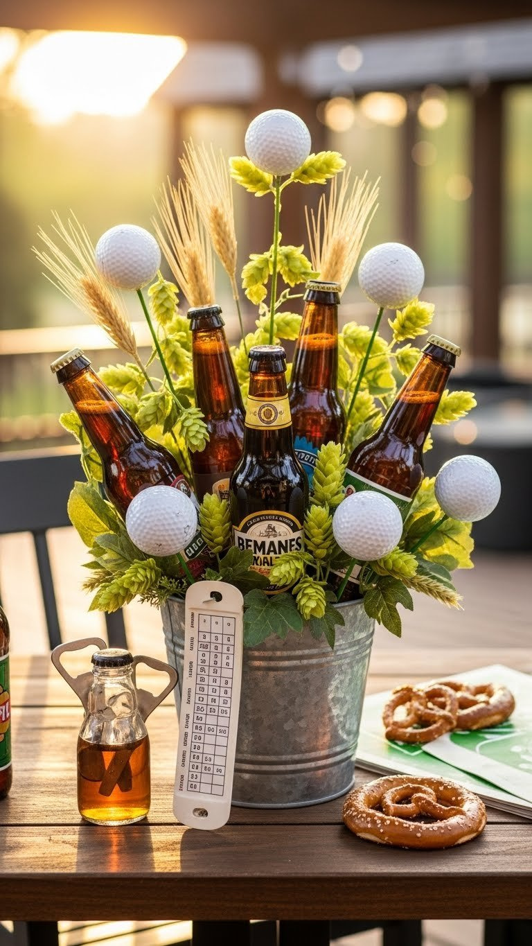 Golf Ball Bouquet: 9 Stunning Diy Ideas For The Ultimate Gift Fun Golf Ball Bouquet With Colorful Craft Beer Bottles, Artificial Hops In A Galvanized Bucket On A Rustic Wooden Table.