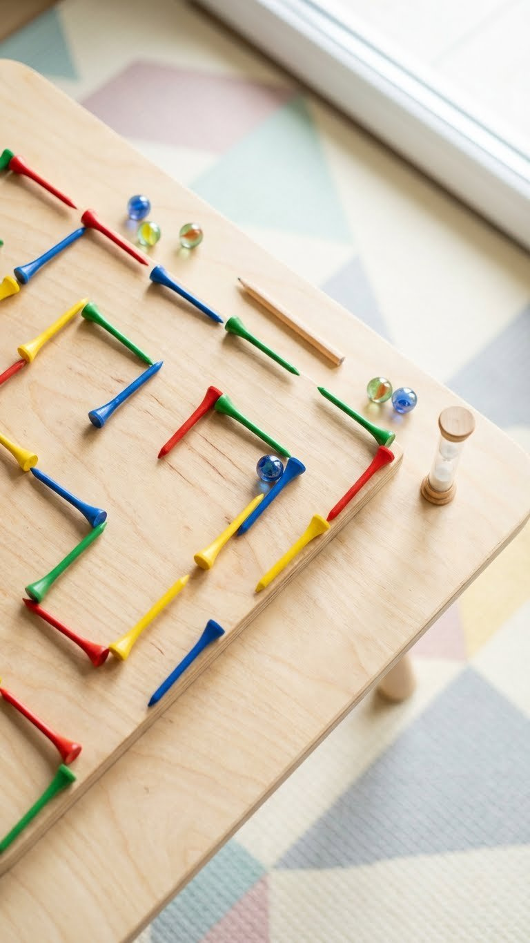 Fun Handmade Golf Tee Maze Board With A Marble Navigating Pathways On A Wooden Table With Extra Marbles And A Pencil.