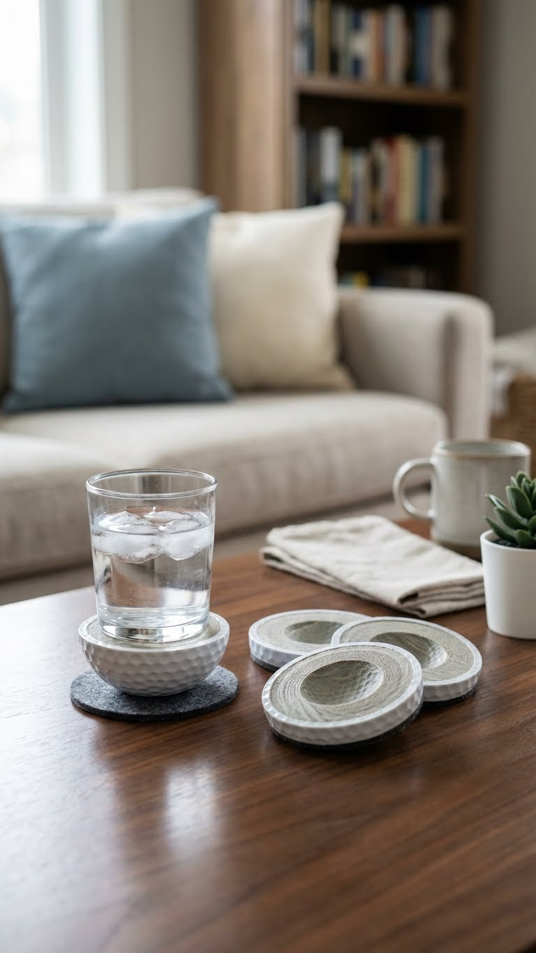Golf Ball Crafts: 7 Unique Diy Gifts For Your Boyfriend Functional Golf Ball Coasters, Cut In Half With Felt Bottoms, One Holding A Water Glass On A Dark Wood Coffee Table.