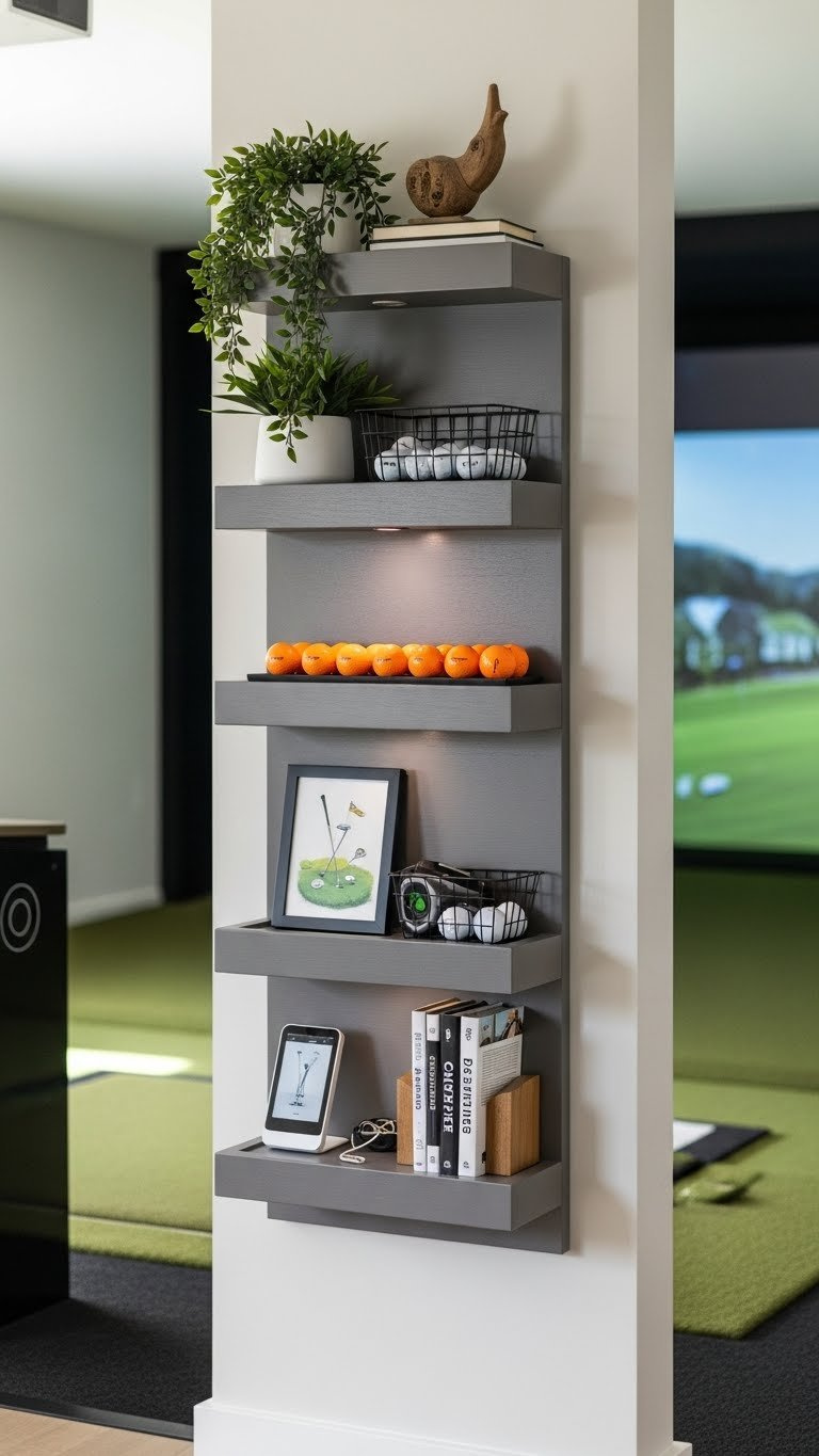 Functional Wall-Mounted Shelving In A Golf Simulator Room Organizes Golf Balls And Accessories With A Modern, Clean Aesthetic.