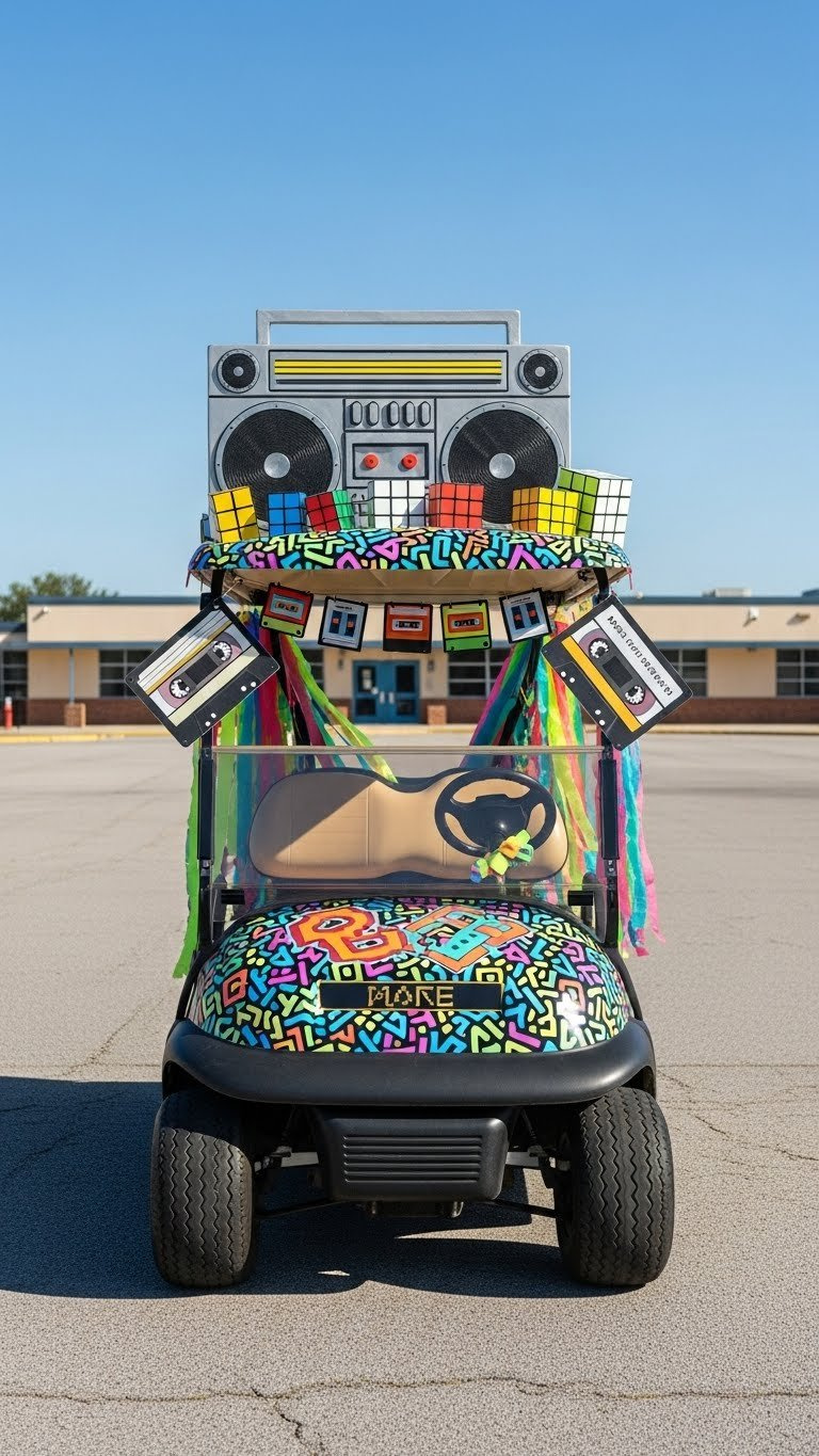 Funky Retro 80S/90S Golf Cart Theme With Neon Colors, Geometric Patterns, And Oversized Boombox Prop