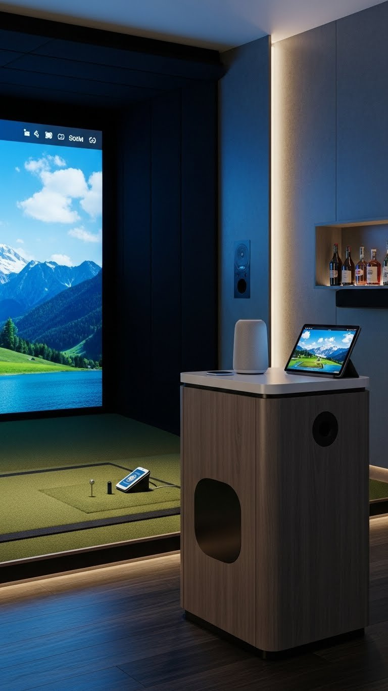 Futuristic Smart Golf Simulator Bar With Led Lighting, Automated Features, And Voice-Controlled Technology
