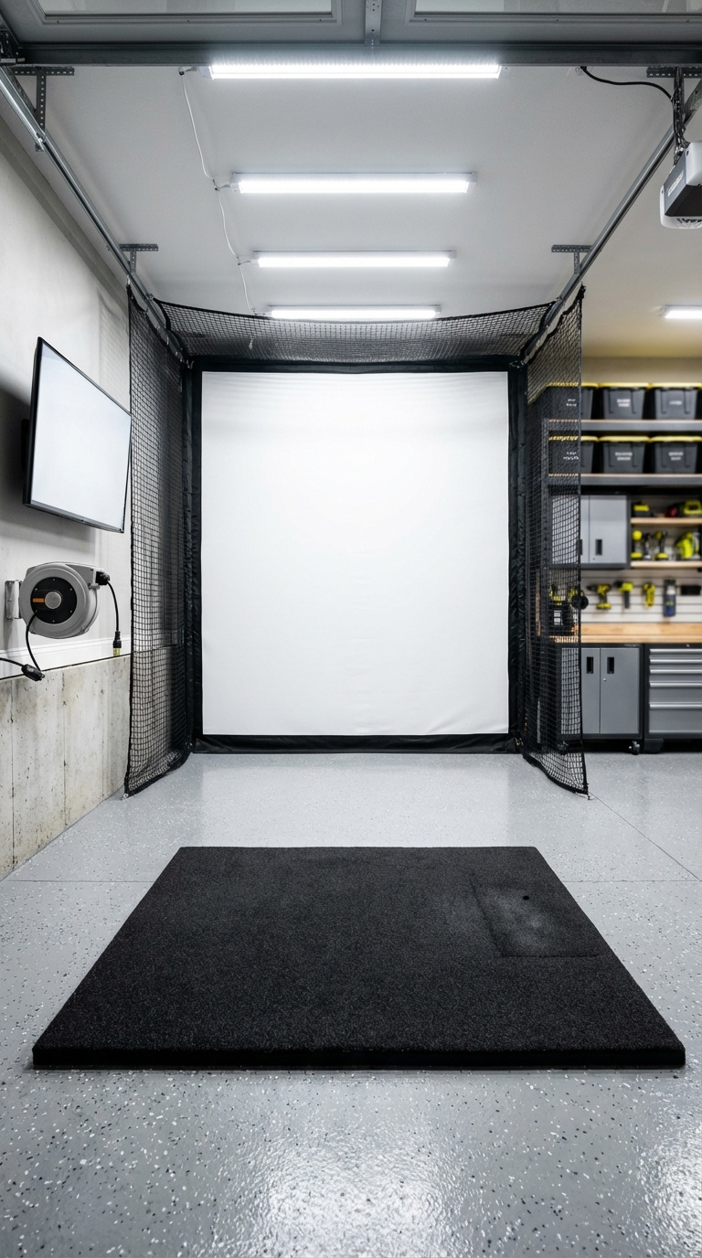 Golf Simulator Room Layout Guide For Perfect Space Planning Garage-Converted Golf Simulator Featuring Industrial Lighting And Epoxy Floor With Protective Side Netting