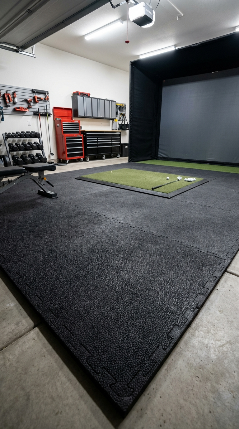 Golf Simulator Room Flooring Complete Buyer Guide For Homes Garage Golf Simulator With Thick Black Rubber Flooring And Multi-Use Gym Functionality