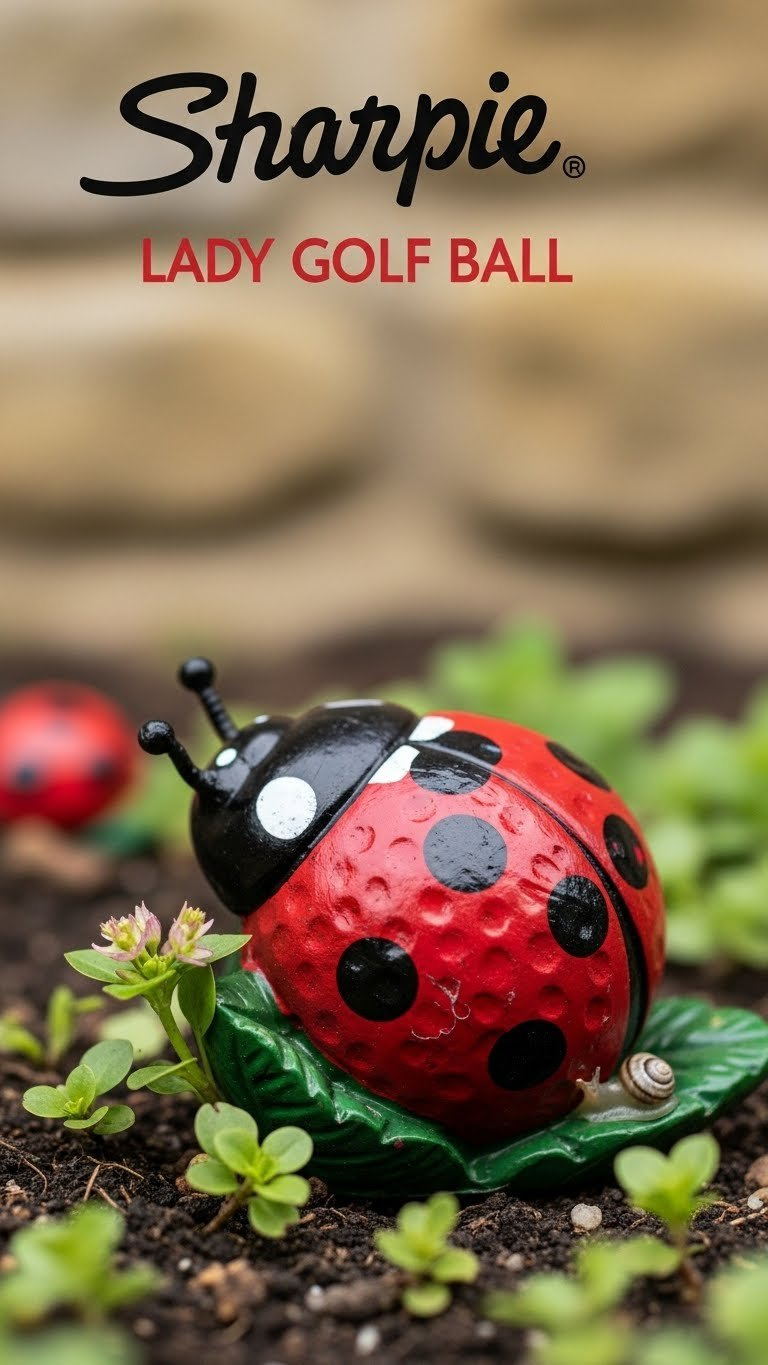 Garden Art Ladybug Golf Ball Nestled Among Green Leaves And Flowers With Weathered Red And Black Design.