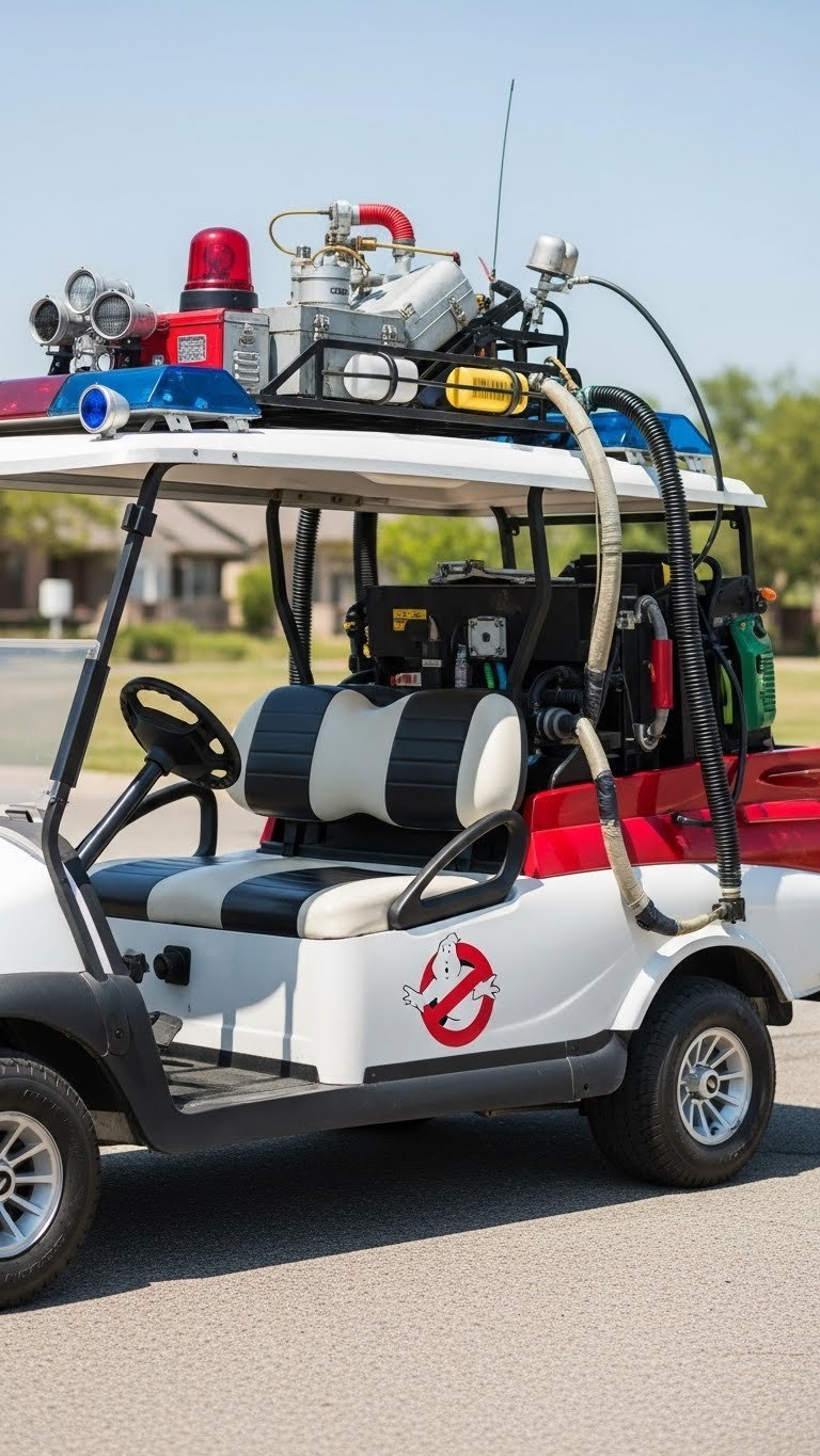 Ghostbusters Ecto-1 Themed Golf Cart With Iconic Red Ghost Logo And Scientific Gadgets On White Vehicle