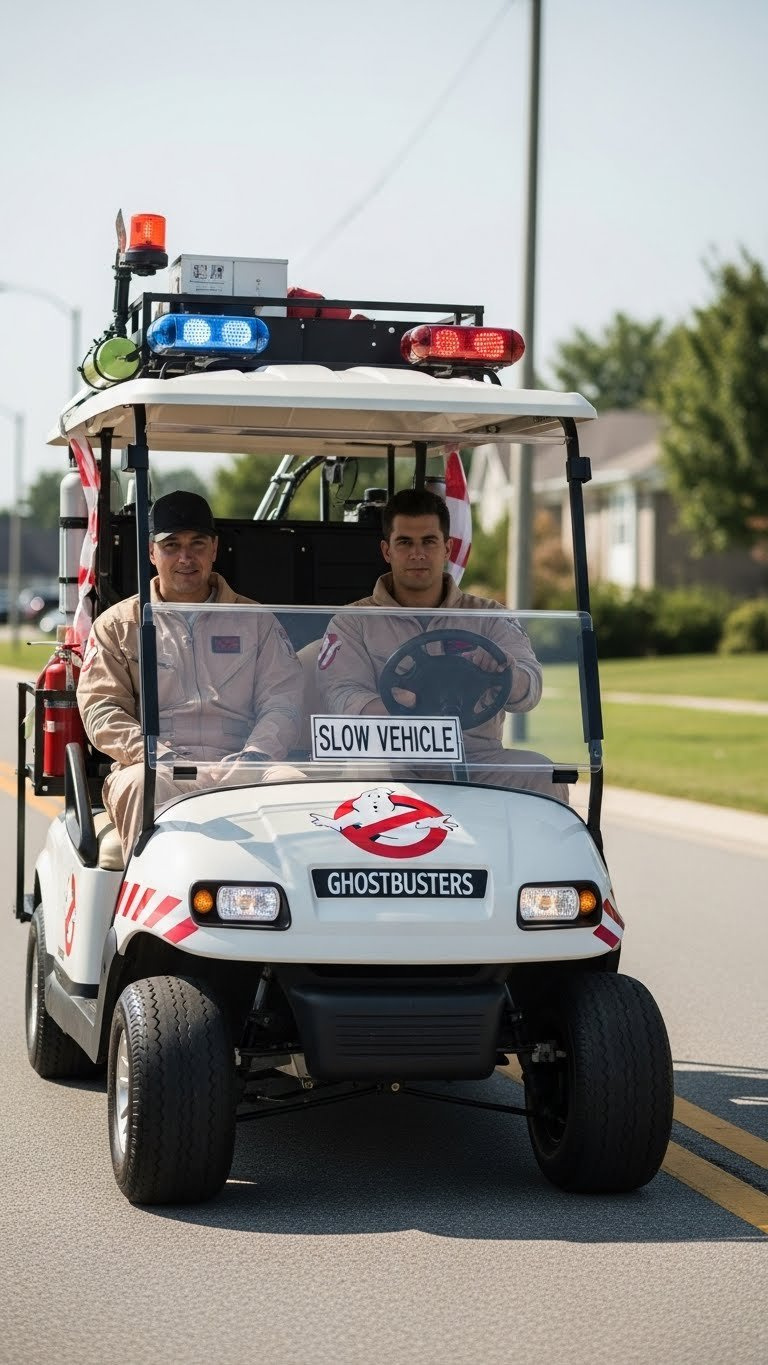 Ghostbusters Golf Cart With Safety Reflectors And Auxiliary Brake Lights Integrated Into Parade-Ready Decorations
