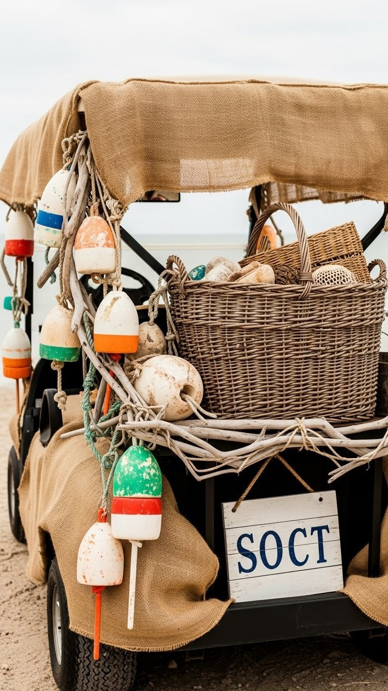 Gift Guide Flat Lay With Beach Cart Accessories Arranged On Wooden Surface
