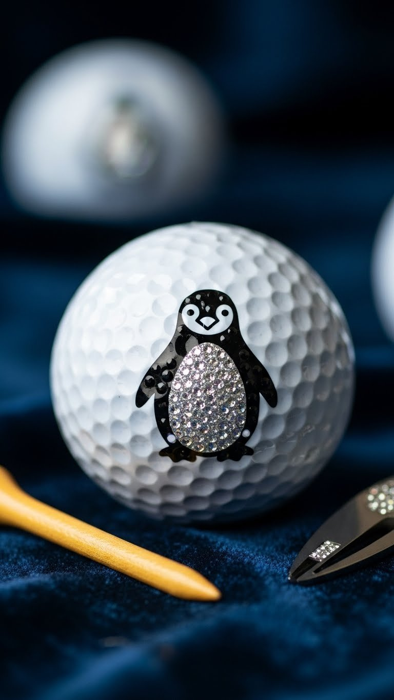 Glamorous Bling Penguin Sharpie Design Golf Ball With Sparkling Rhinestones On Velvet Fabric