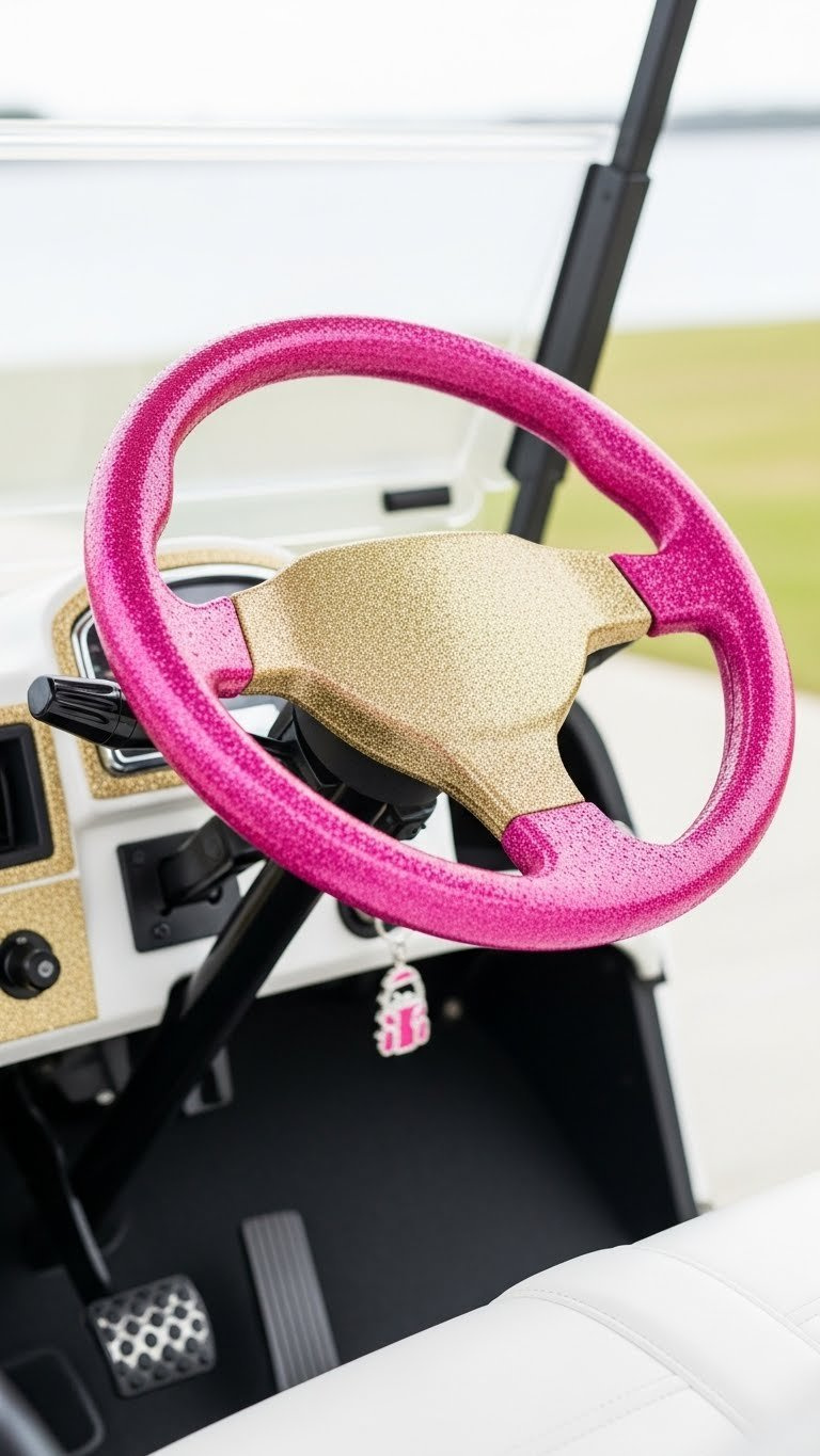 Glamorous Pink Steering Wheel Cover With Metallic Gold Trim On Golf Cart Dashboard Interior