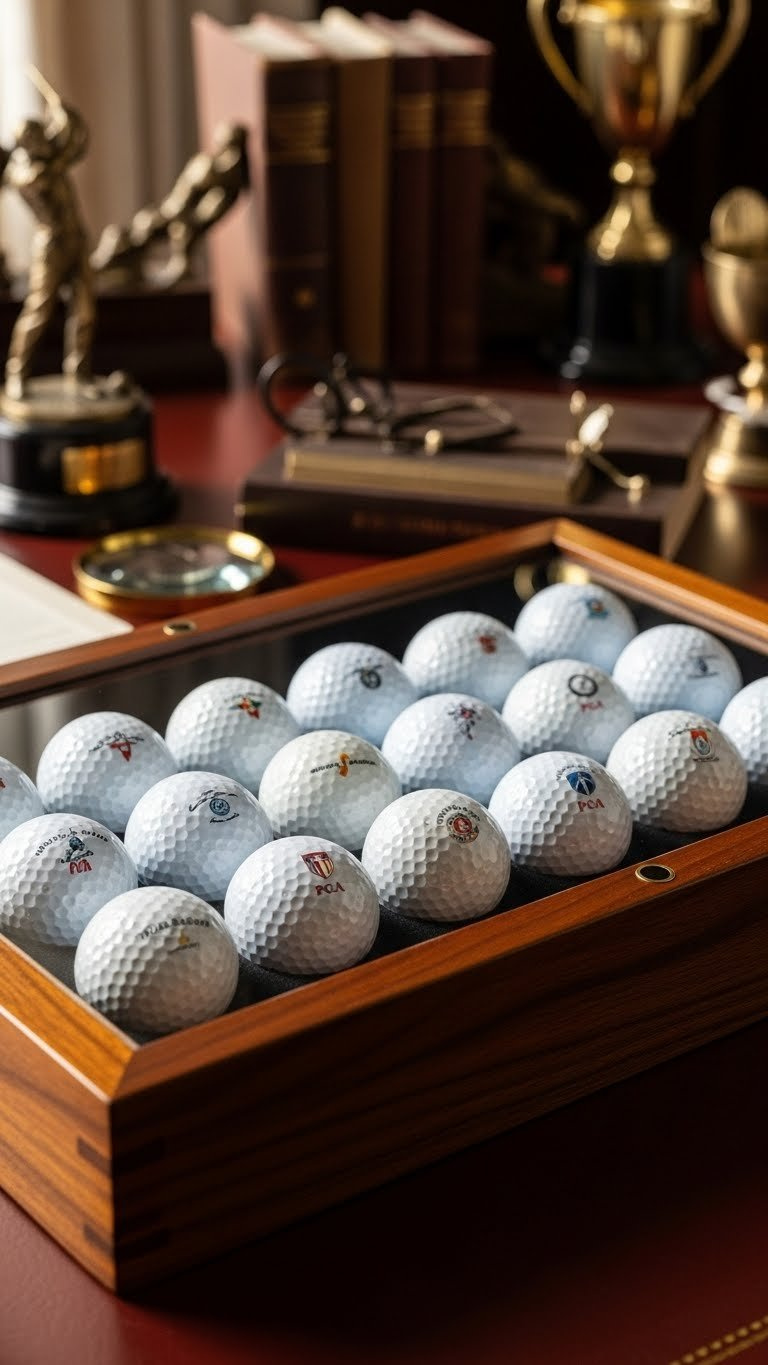 Glass Display Case Showcasing 15-20 Rare Collectible Golf Balls In Dark Wood Cabinet