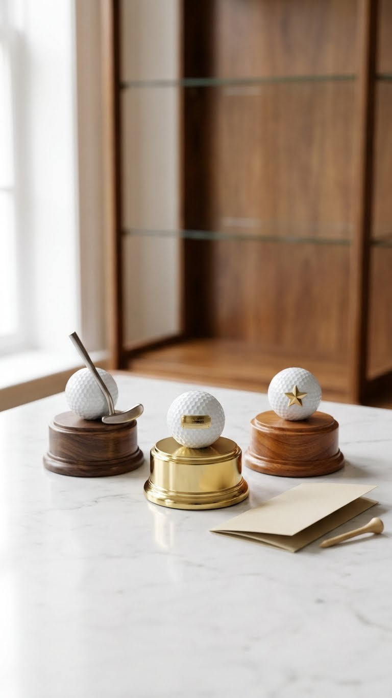 9 Proven Golf Ball Crafts For Dad: Essential Diy Gifts Gleaming Miniature Golf Ball Trophies With Custom Plaques And Golf Club Accents, Perfect For Golf Awards, Sit On Marble.