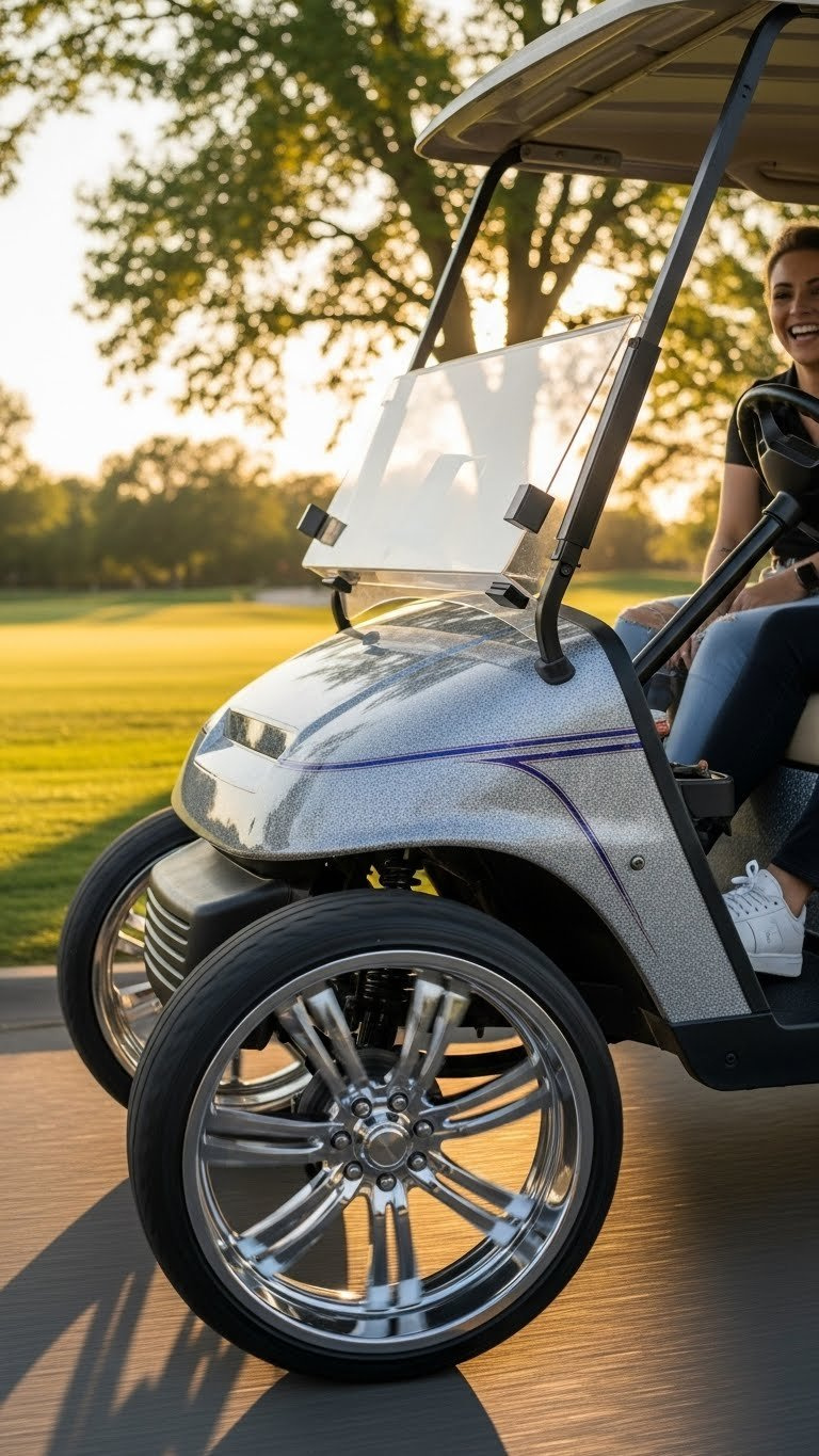 Glitter And Chrome Golf Cart In Motion On Tree-Lined Path With Friends Laughing During Golden Hour Sunset