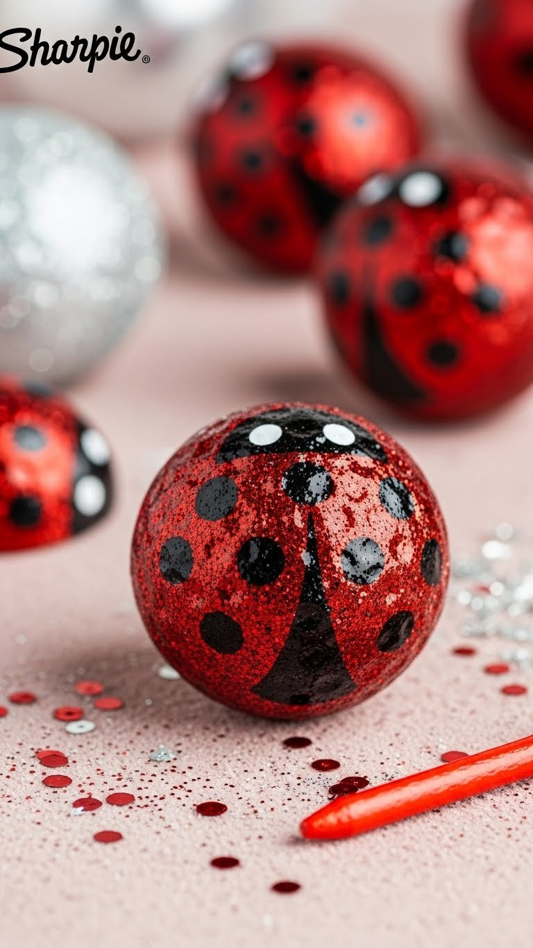 Glitter Ladybug Golf Ball With Shimmering Red And Black Accents On Velvet Cloth With Festive Scattered Glitter Details.