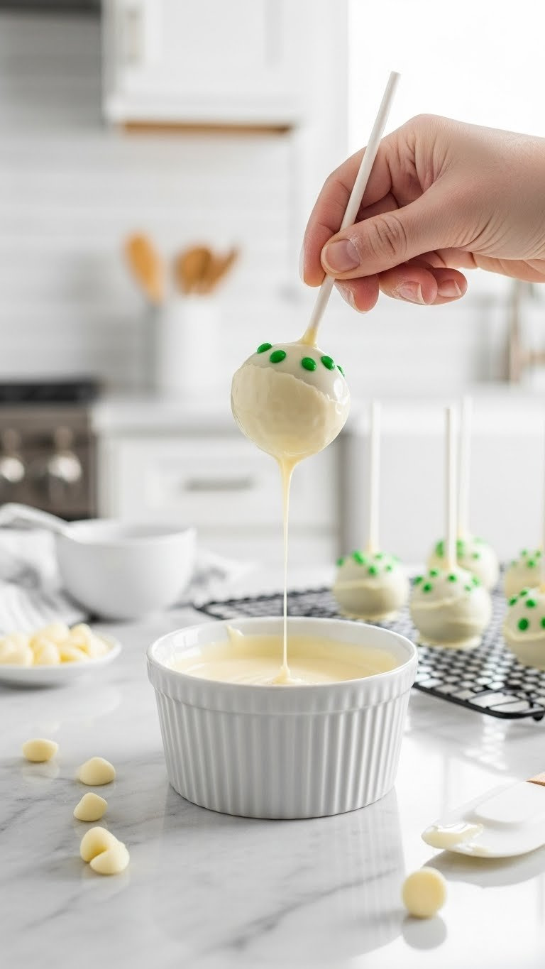 Glossy White Chocolate-Coated Golf Ball Cake Pop Dripping Into Bowl Held Over Marble Countertop