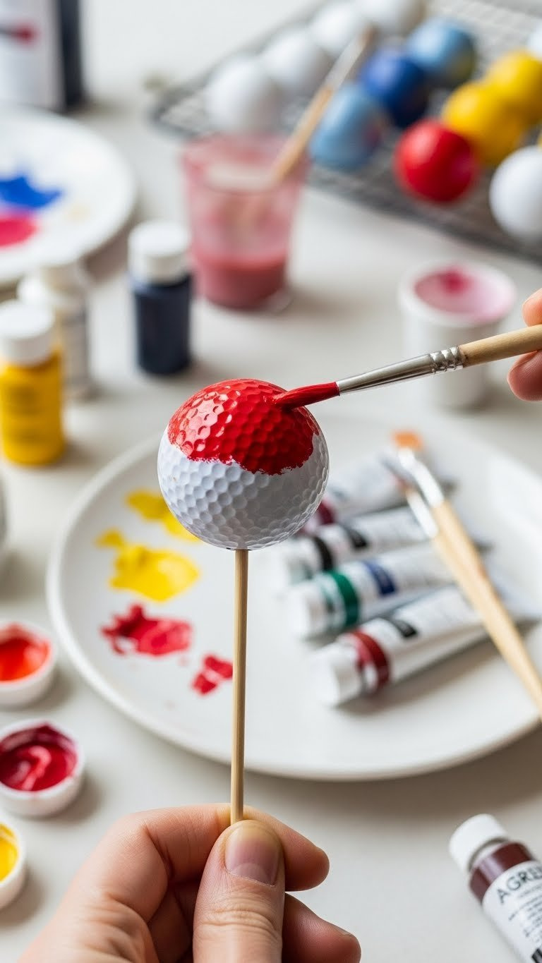 Gloved Hand Applying Vibrant Red Acrylic Paint To Primed Golf Ball On Wooden Skewer For Diy Crafts