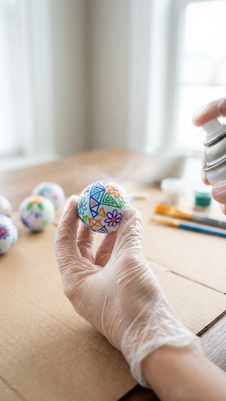 Gloved Hands Spray Clear Protective Sealant On A Vibrant Sharpie-Decorated Golf Ball In A Crafting Workspace.
