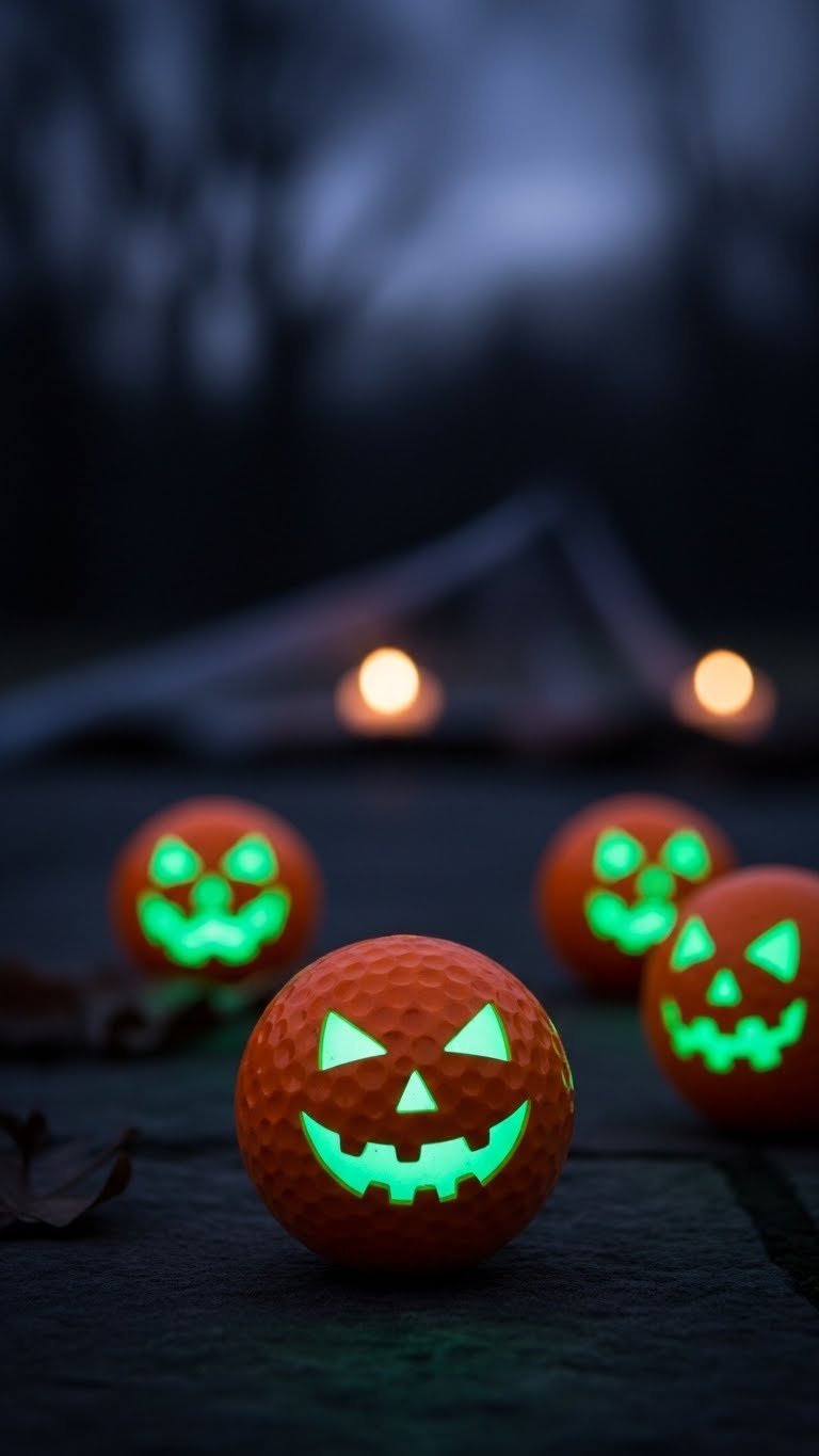 Glow-In-The-Dark Golf Ball Jack-O-Lanterns Emitting Eerie Green Light In Dim Halloween Night Setting
