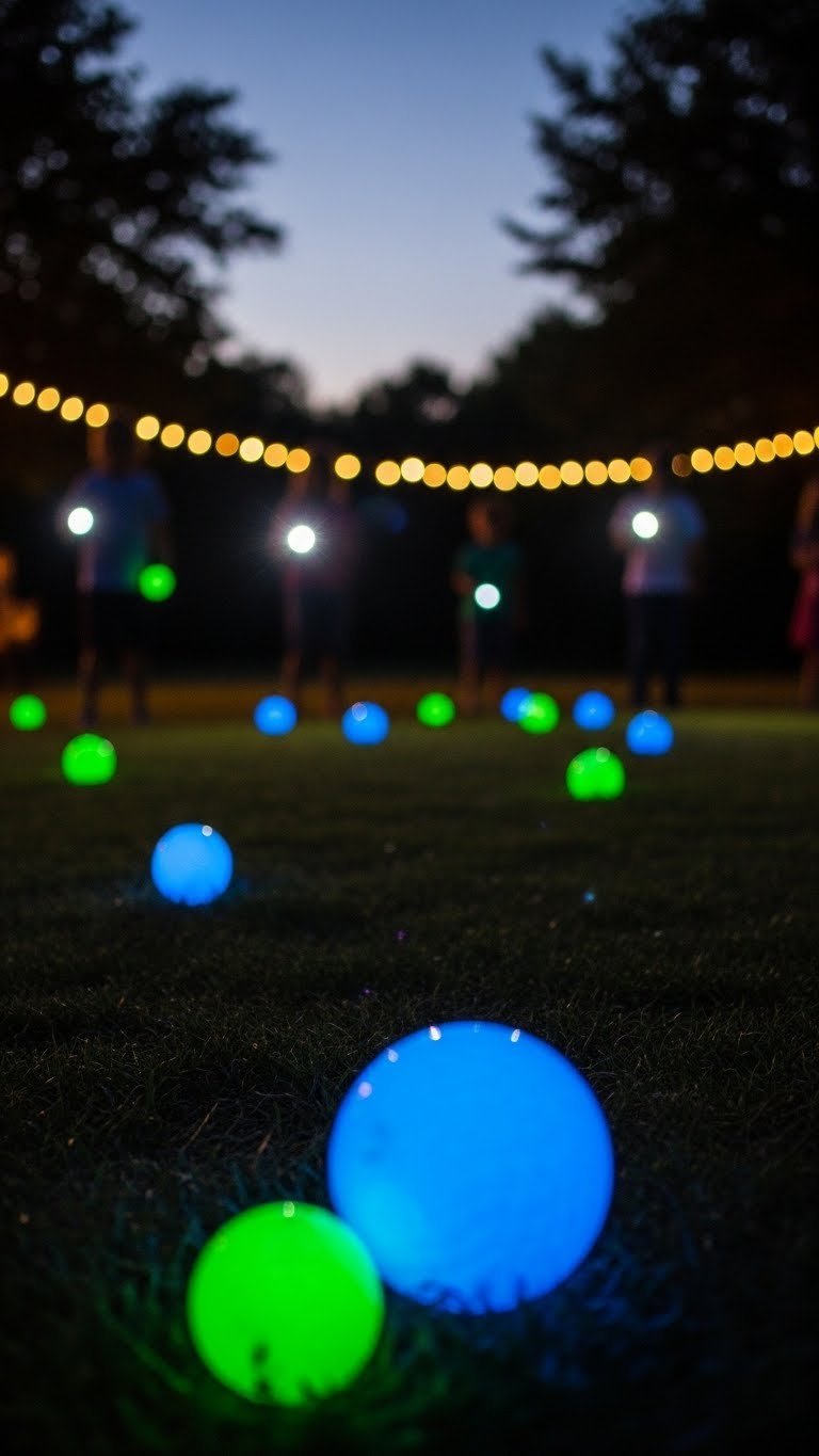 Glow-In-The-Dark Green And Blue Golf Balls Scattered Across Dimly Lit Backyard With Silhouettes Of Children Searching At Twilight