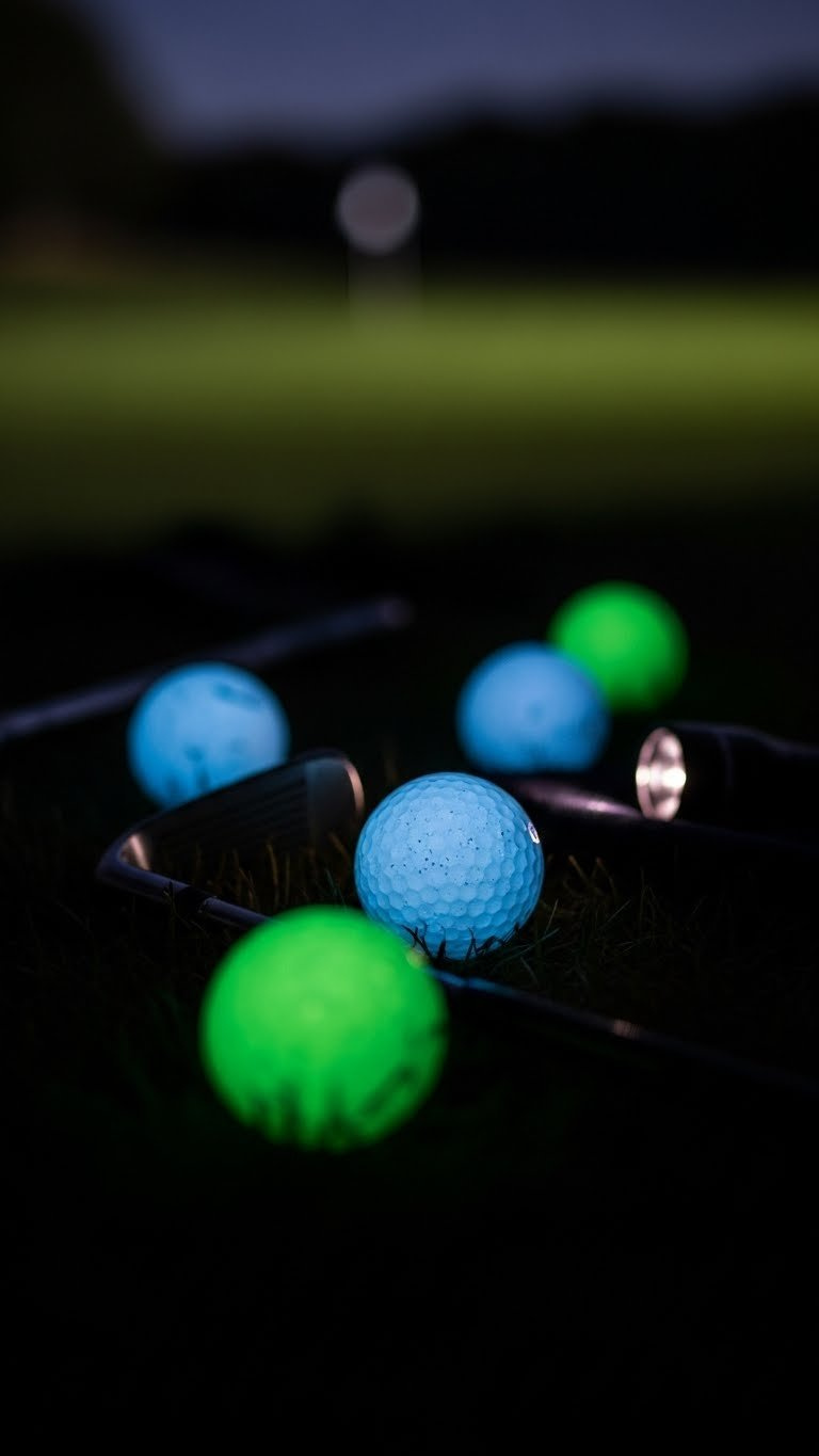 Glow-In-The-Dark Painted Golf Balls Emitting Ethereal Green And Blue Light On Dark Grass Surface