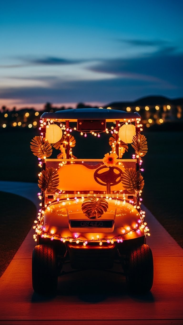 Glowing Sunset Luau Golf Cart Wrapped In Warm String Lights With Tropical Foliage At Dusk