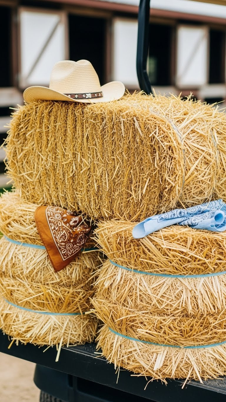 Golden Faux Hay Bales Arranged On Rodeo Golf Cart With Cowboy Accessories In Natural Outdoor Environment