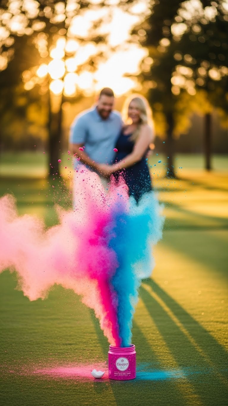 Golden Hour Moment Of Vibrant Powder Explosion From Gender Reveal Golf Ball With Joyful Couple