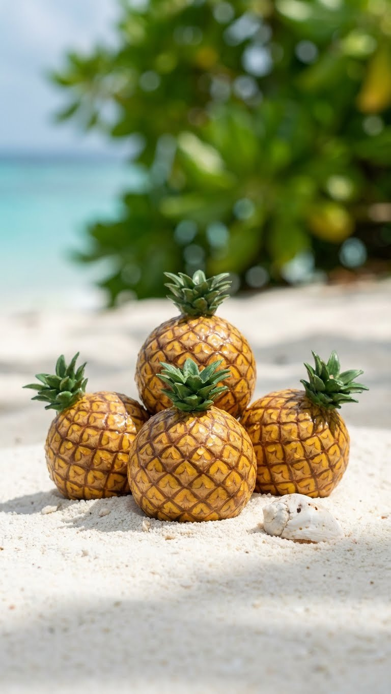 7 Creative Fruit Golf Ball Crafts: Easy Diy Ideas Golden Pineapple Textured Golf Balls On White Sand With Tropical Foliage And Ocean, Perfect For Beach Golf Lovers.