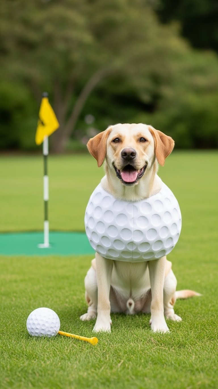 Golden Retriever Wearing Soft Golf Ball Costume Sitting Patiently On Lush Green Lawn With Miniature Golf Flag