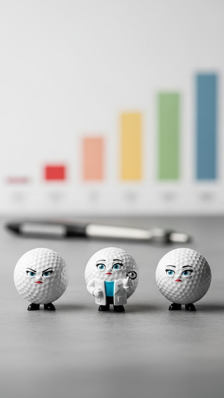 Golf Ball Bfdi Character Evolution Triptych Showing Scientific, Bossy, And Vulnerable Poses On Gradient Surface