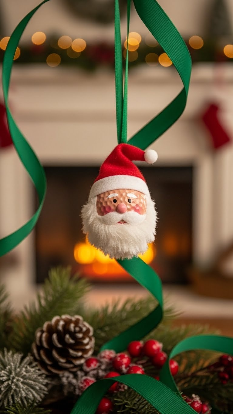 Golf Ball Santa Ornament With Red Hat And Fluffy White Beard Hanging From Green Ribbon Decoration
