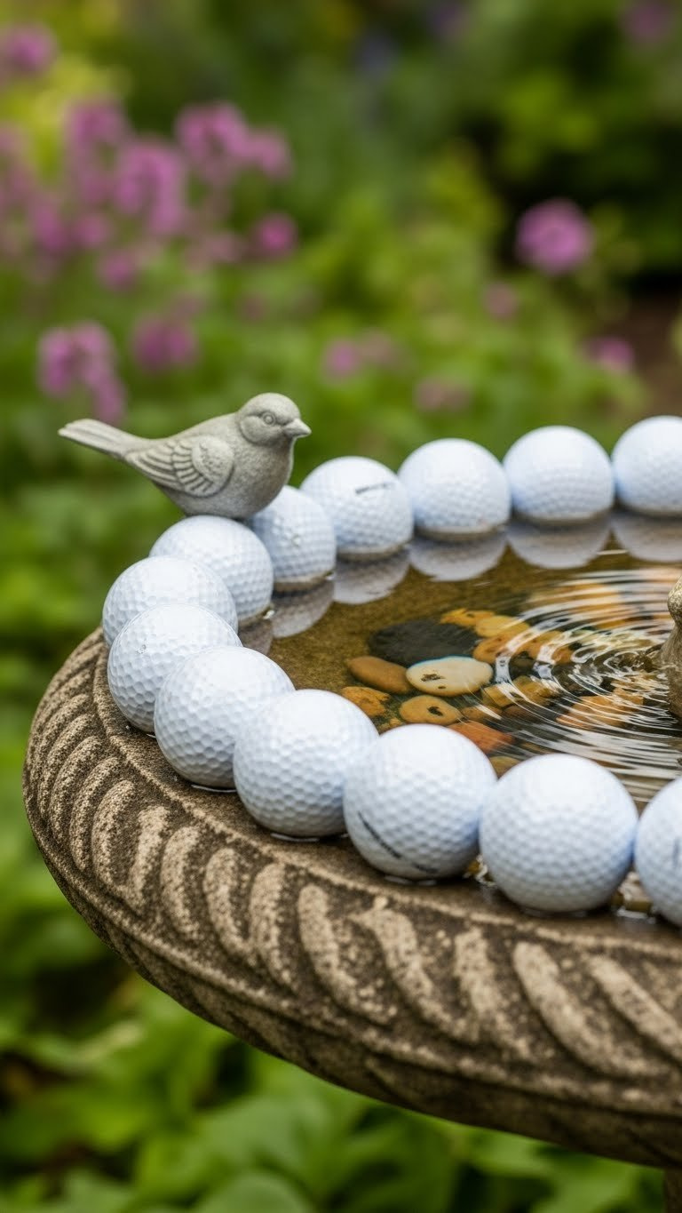 Golf Ball Accents Arranged Around Rustic Stone Bird Bath With Clear Water Reflection In Garden