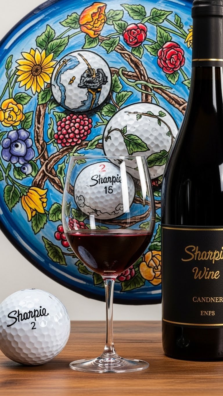 Golf Ball Adorned With Elegant Sharpie Vine Leaf Pattern On Natural Wooden Surface In Garden Setting