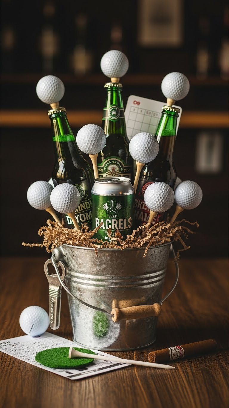 Golf Ball And Beer Bouquet With Craft Beers, Golf Balls, Tees In Galvanized Bucket On Rustic Table In Man Cave Setting.