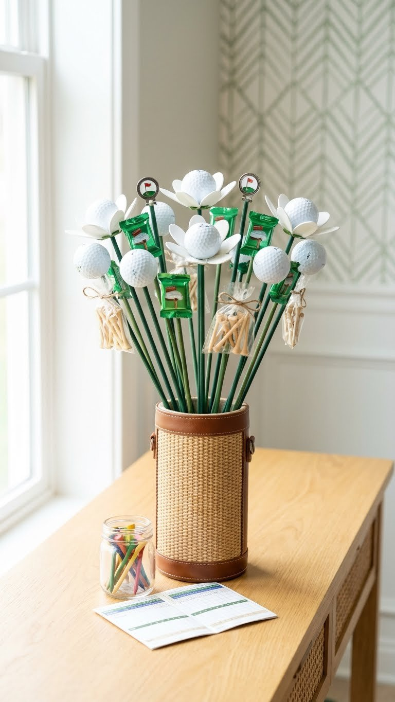 Golf Ball Bouquet With Candy, Golf Tees, Ball Markers In Golf-Bag Vase On Console Table. Unique Golf-Themed Gift Decor.
