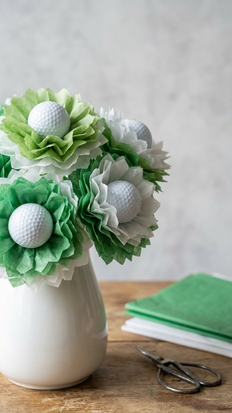 Golf Ball Bouquet With Handmade Green And White Tissue Paper Flowers In White Ceramic Vase. Craft Supplies Enhance Decor.