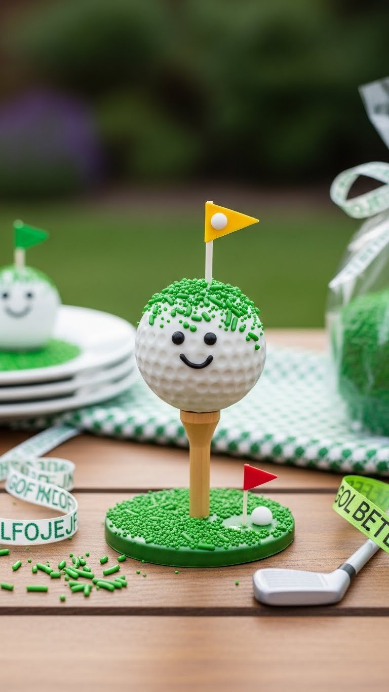 Golf Ball Cake Pop On Decorative Tee Surrounded By Green Grass Sprinkles On Wooden Table