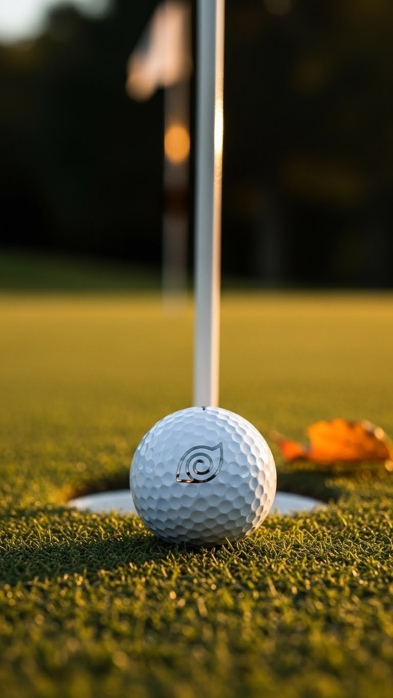 Golf Ball Displaying Naruto Hidden Leaf Village Silver Symbol On Manicured Grass With Golden Hour Golf Course Lighting.