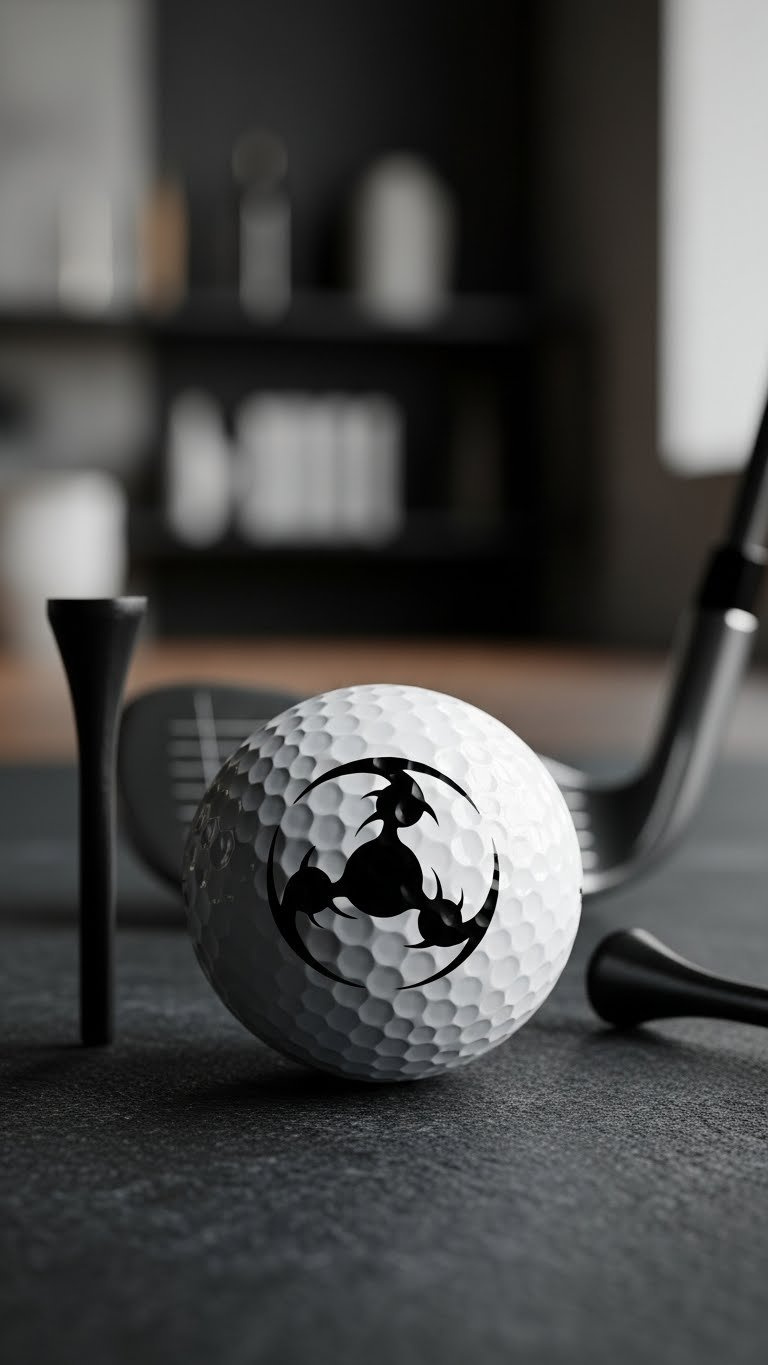 Golf Ball Featuring Sasuke'S Curse Mark Level 1 Black Design On Dark Stone Surface With Dramatic Side Lighting.