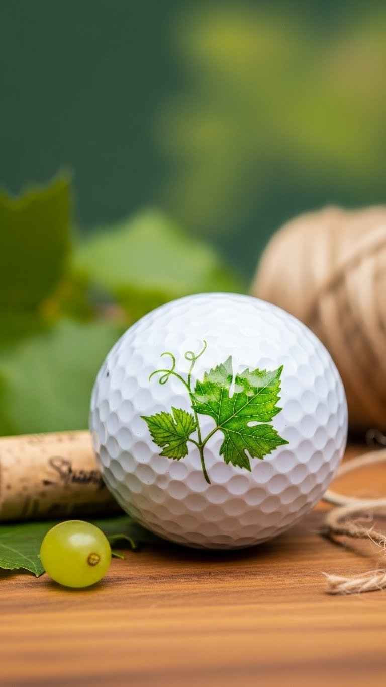 Golf Ball Featuring Artistic Sharpie Wine Stain Swirl Design On Rustic Wooden Table With Winery Backdrop