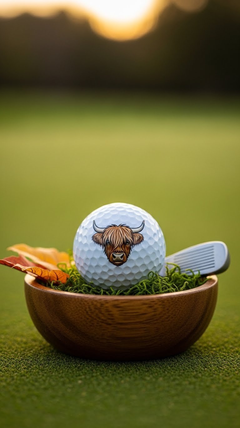 Golf Ball Featuring Detailed Highland Cow Profile Illustration With Horns In Rustic Wooden Bowl With Moss Against Outdoor Setting