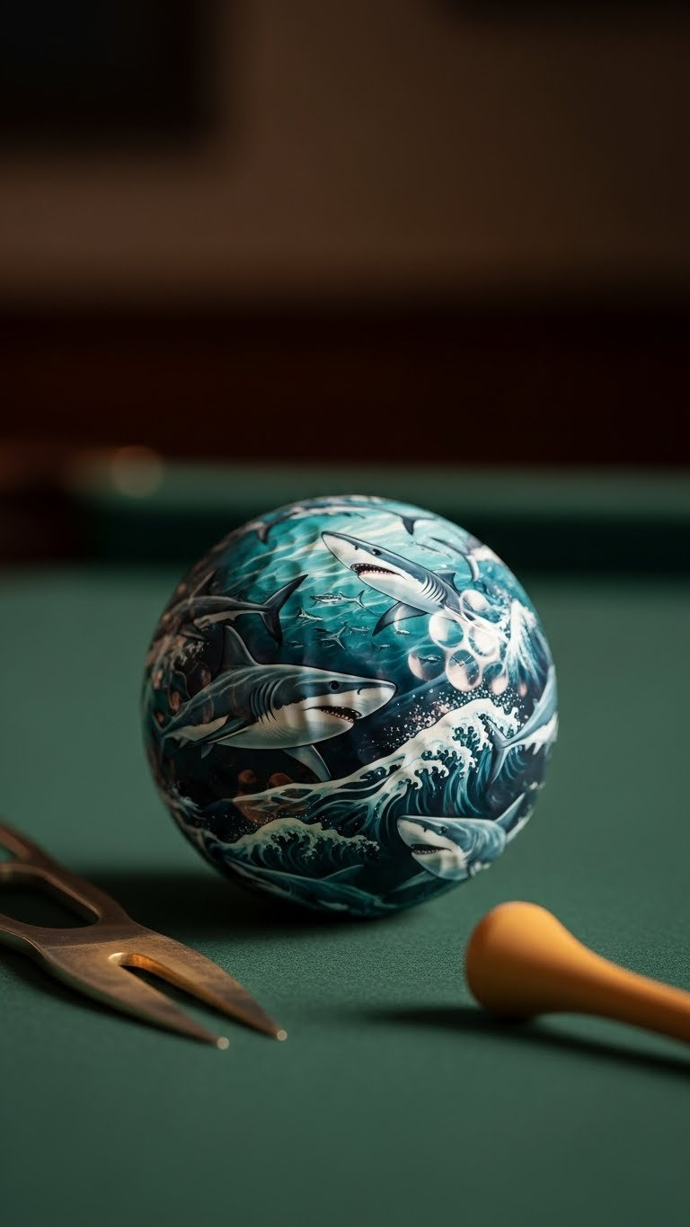 Golf Ball Fully Wrapped In Intricate Shark-Themed Design With Multiple Swimming Sharks On Dark Green Felt