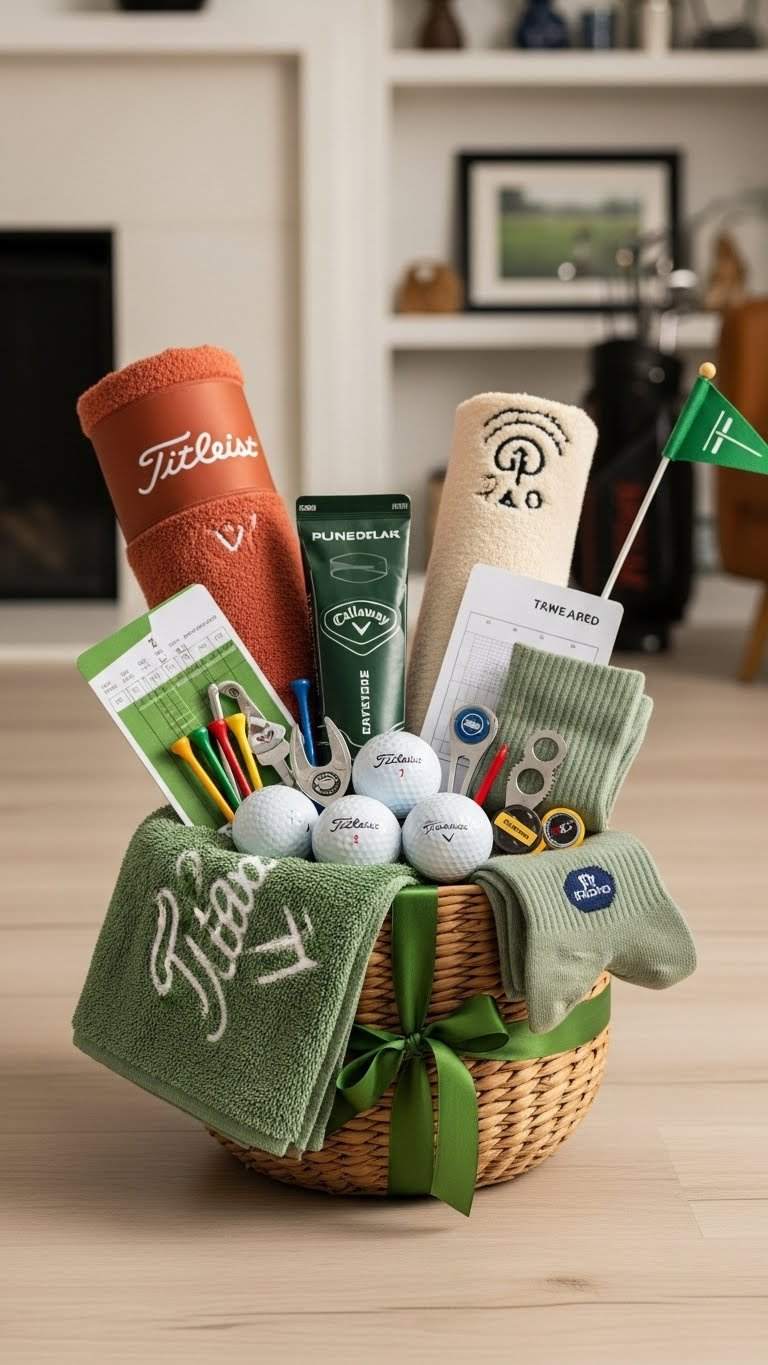 Golf Ball Gift Basket Overflowing With Premium Sleeves, Towel, Tees And Accessories In Rustic Woven Basket