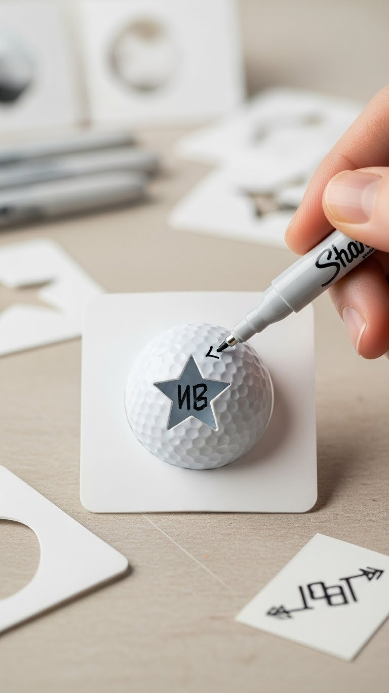 Golf Ball In Stencil Template With Ultra-Fine Sharpie Marker Poised To Create Precise Professional Golf Ball Designs