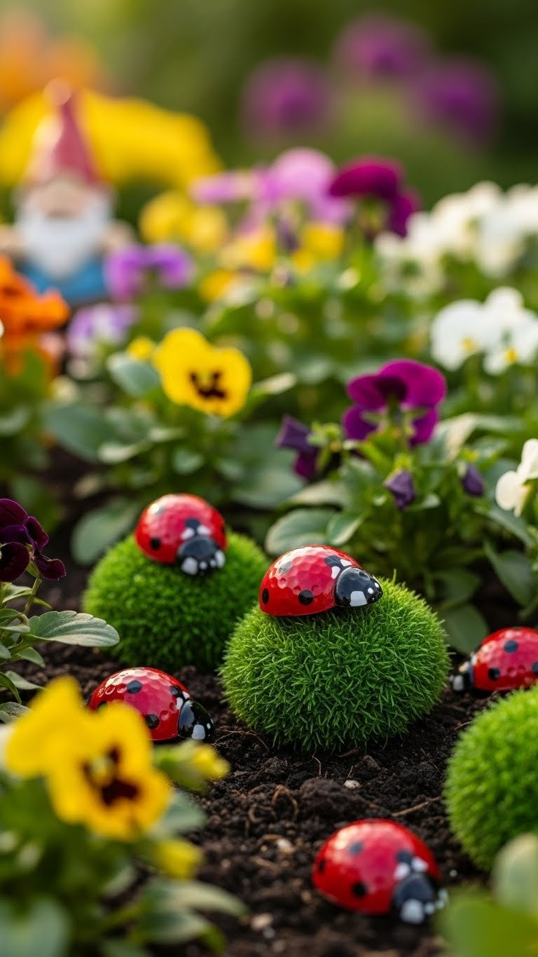 Golf Ball Ladybugs Nestled Among Green Foliage And Flowers In Vibrant Garden Bed At Golden Hour